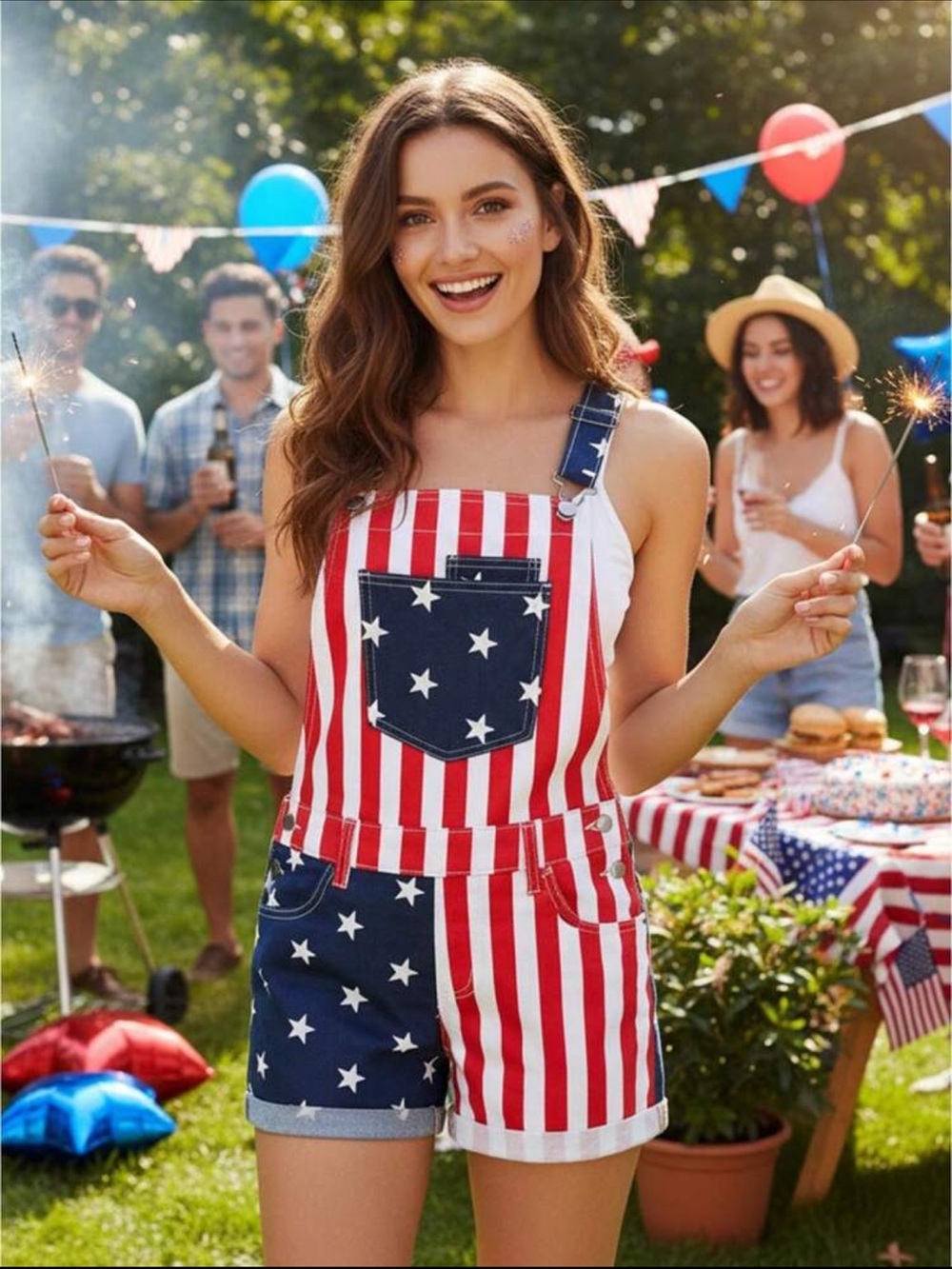 4th of July Patriotic Stars & Stripes Red White Blue Overalls - Brand Unknown